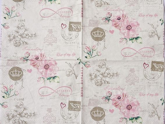 Серветка для декупажу №221 Вінтаж із квітами шипшини , кремово-рожева 1 шт
