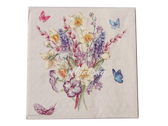 Декупажна серветка №225 Букет з нарцисами та метелики 1 шт Декупажна серветка №225 Букет з нарцисами та метелики 1 шт
