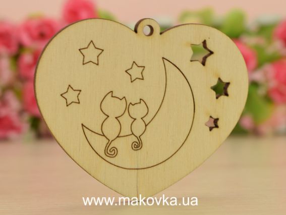 Заготовка фигурка Сердечко №6 коты на луне,  WOODSET023WB, фанера, 1 шт Заготовка фигурка Сердечко №6 коты на луне,  WOODSET023WB, фанера, 1 шт