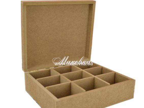 Шкатулка с 9ю отделениями, на петлях с откидывающейся крышкой ОМЧ005, МДФ, 25х20х8,5 см Шкатулка с 9ю отделениями, на петлях с откидывающейся крышкой ОМЧ005, МДФ, 25х20х8,5 см