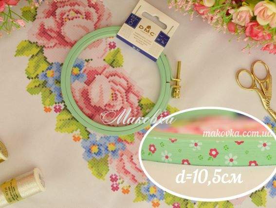 Пяльцы круглые, деревянные, д=10,5см, DMC МР001/105-BLUE (св.зеленые) в цветочек с винтом