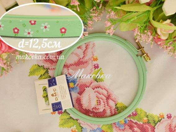П'яльця круглі, дерев'яні, д=12,5см, DMC МР001/125-BLUE (св.зелені) у квіточку з гвинтом П'яльця круглі, дерев'яні, д=12,5см, DMC МР001/125-BLUE (св.зелені) у квіточку з гвинтом