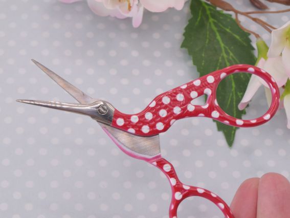 Ножницы для обрезки ниток Цапельки с рисунком Красно-малиновые в белый горошек , длина 9,4 см,
