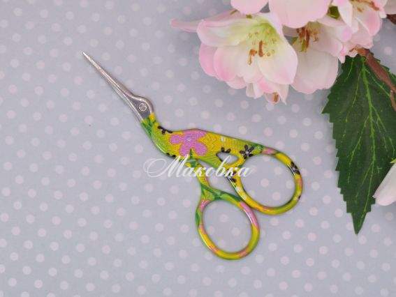 Ножницы Цапельки с рисунком салатово-жёлто-розовые 9,4 см,