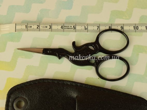 Ножиці для обрізки ниток гострі 9см з чорними ручками, в шкіряному чохлі, М270 Tamsco