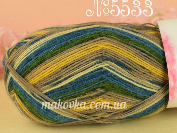 Comfy Lady yarn шкарпеткова пряжа 5533 зелений-морс.хвиля-жовтий-беж