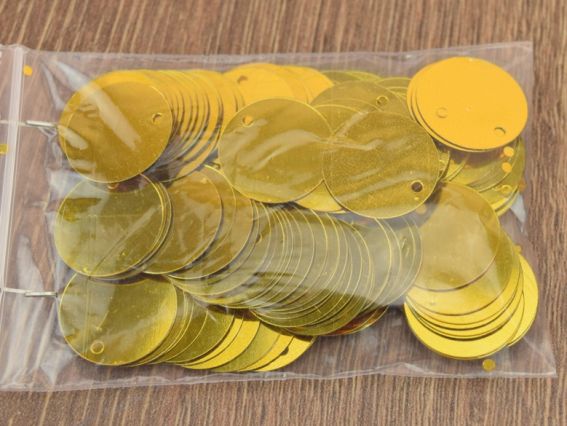 Круглые пайетки-монетки , диаметр 15мм, плоские, залотого цвета, 10г