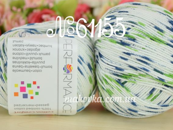 Cotton COMFORT Performance пряжа 61155 белый с синим и зеленым