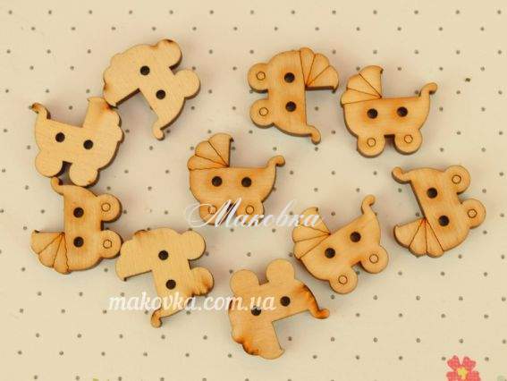 Набір ґудзиків Візочки, з двома отворами, з фанери, 10шт Чудесіна Набір ґудзиків Візочки, з двома отворами, з фанери, 10шт Чудесіна