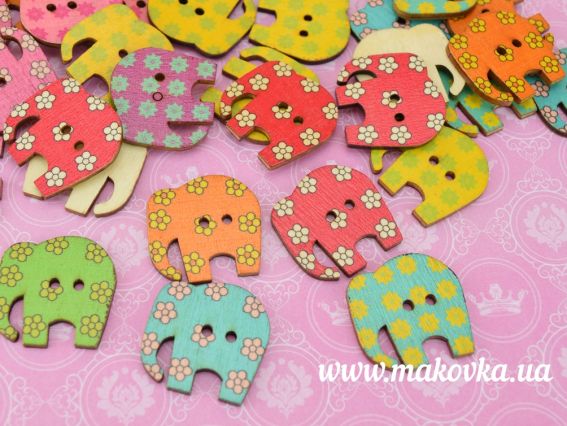 Пуговица для декорирования СЛОН, 30 мм , дерево с рисунком, 1 шт