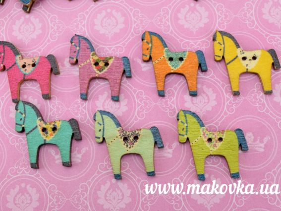 Пуговица декоративная Лошадка 30х27 мм, дерево с рисунком, 1 шт бирюзовая