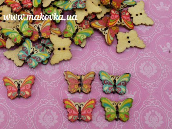 Пуговица для декорирования Бабочка с рисунком 24х17 мм , из фанеры, 1 шт