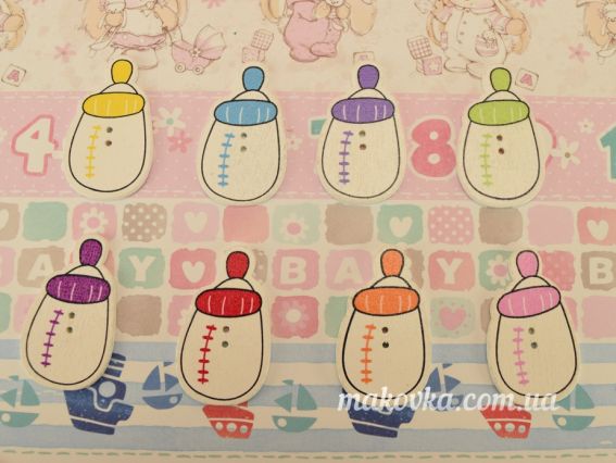 Деревянная Пуговица детская Бутылочка с соской , 1 шт цвет на выбор