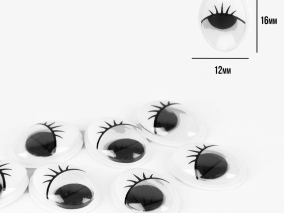 954650 Глаза подвижные овальные самоклеющиеся с ресницами для игрушек, черные, 12*16мм, 30 шт. SANTI 