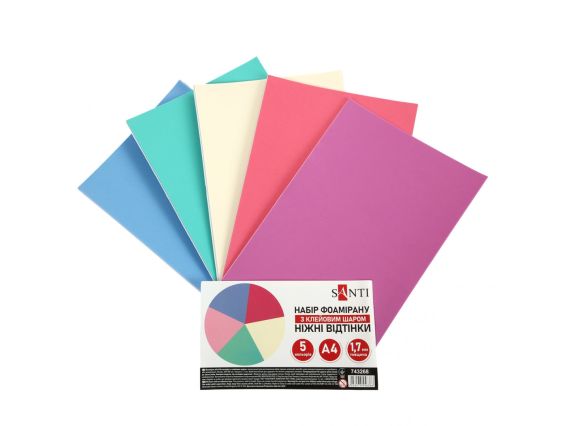 Набір кольорового фоама з клейовим шаром 5 різних Ніжних відтінків , товщина 1.7 мм, розмір А4, Santi 743268