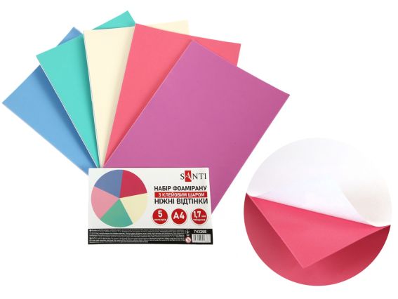 Набір фоаміран ЕВА з клейовим шаром Ніжні відтінки 5 шт, 1,7 мм, А4, 743268 Santi Набір фоаміран ЕВА з клейовим шаром Ніжні відтінки 5 шт, 1,7 мм, А4, 743268 Santi