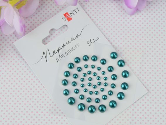 Напів-перлини самоклеючі колір Смарагдовий , 50 шт. асорті розмірів, Santi 740138