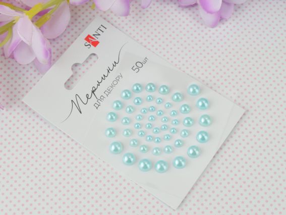 Напів-перлини самоклеючі колір Світло-блакитний, 50 шт. асорті розмірів, Santi 742979