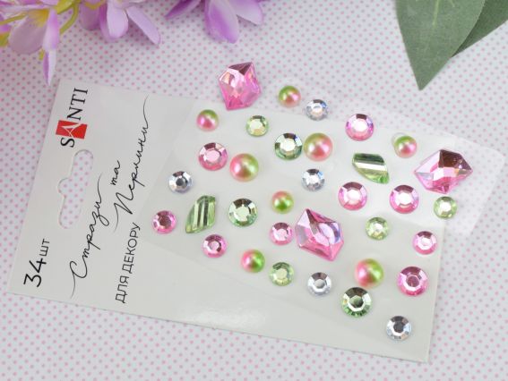 Набір камінчики напівнамистини та перлини самоклеючі SANTI MIX рожеві, салатові, 742995