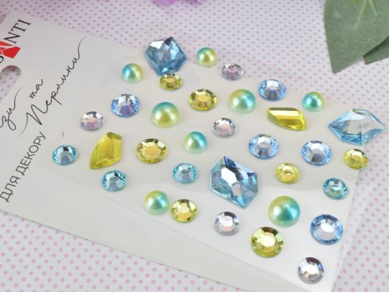 Набір камінчики напівнамистини та перлини самоклеючі SANTI MIX блакитні, жовті, 742996