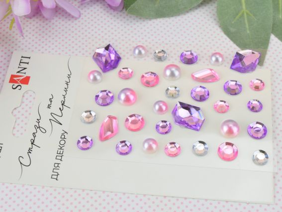 Набір камінчики напівнамистини та перлини самоклеючі SANTI MIX рожеві, бузкові 34шт, 742997