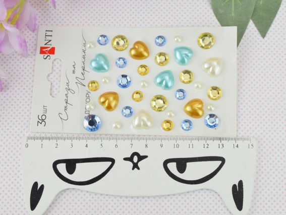 Набір камінчики напівнамистини та перлини самоклеючі Heart mix блакитні, жовті, 36 шт 742998