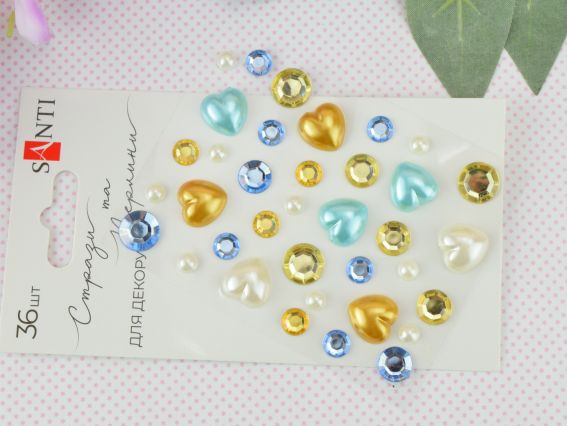 Самоклеючі стрази та перлини SANTI Heart mix блакитні, жовті, 742998