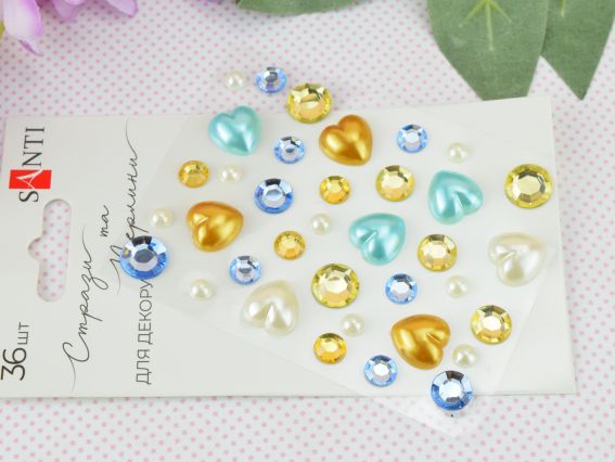 Набір камінчики напівнамистини та перлини самоклеючі Heart mix блакитні, жовті, 36 шт 742998