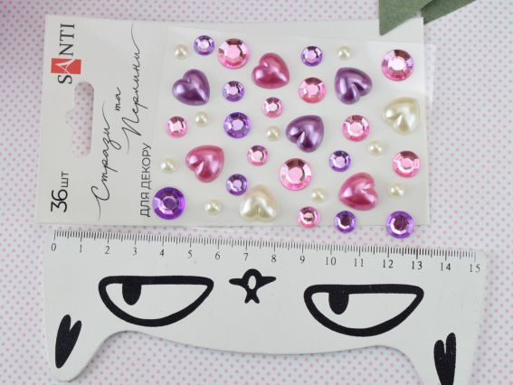 Набір камінчики напівнамистини та перлини самоклеючі Heart mix рожеві, бузкові, 36 шт 743000