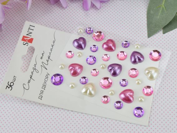 Набір камінчики напівнамистини та перлини самоклеючі Heart mix рожеві, бузкові, 36 шт 743000