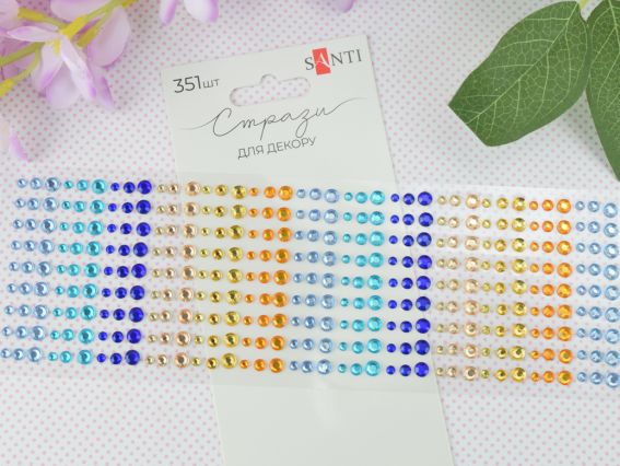 Набір камінчики напівнамистини та перлини самоклеючі Colour mix, Блакитні, жовті, 351 шт 743002