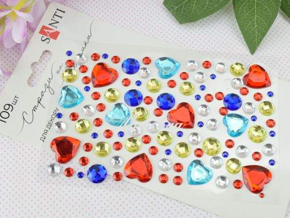 Самоклеючі стрази SANTI Heart mix різнокольорові, 743009 Самоклеючі стрази SANTI Heart mix різнокольорові, 743009