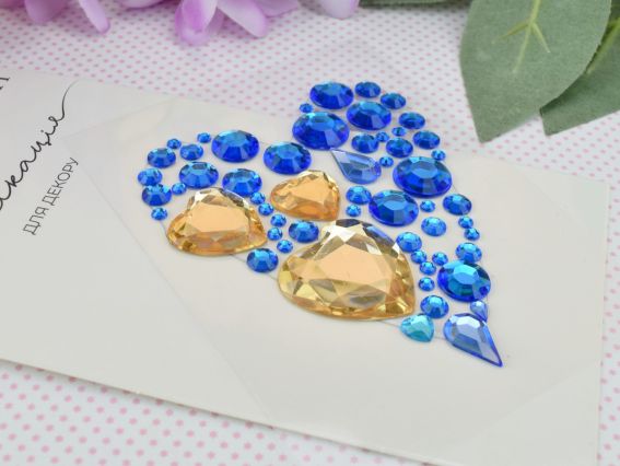 743028 SANTI Аплікація зі страз самоклеючих Серце синьо-жовте 7х8 см 