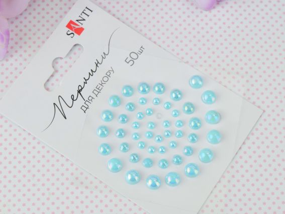 Напів-перлинки самоклеючі Блакитні райдужні, 50 шт. різного розміру, Santi 952646