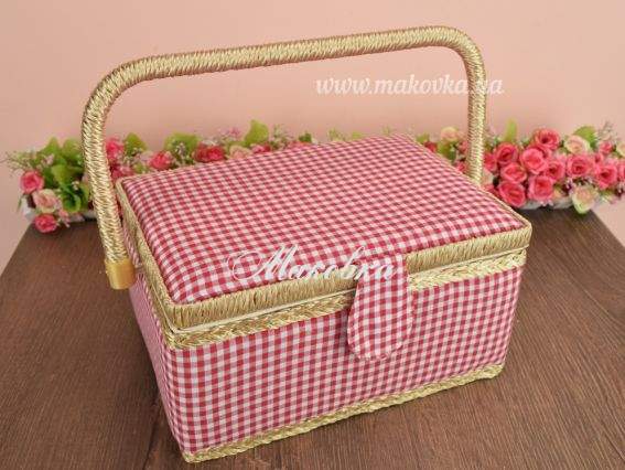 Шкатулка для рукоделия СМ032 прямоугольная, красно-белая клетка, ЧМ