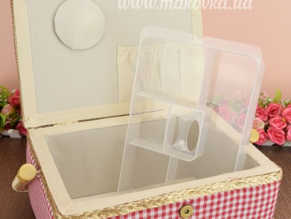 Шкатулка для рукоделия прямоугольная СМ032  Шкатулка 24х17,5х13 см ЧМ красно-белая клетка