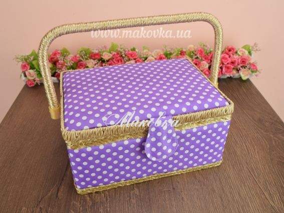 Шкатулка для рукоделия СМ046 прямоугольная, сиреневая в горошек, ЧМ