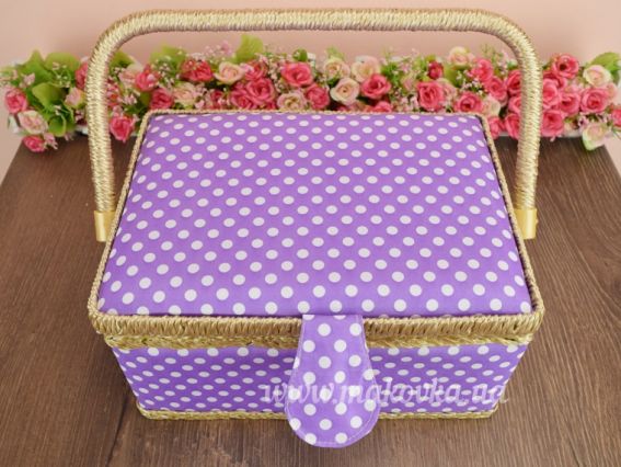 Шкатулка для рукоділля прямокутна СМ046 Шкатулка 24х17,5х13см бузкова в горошок, ЧС