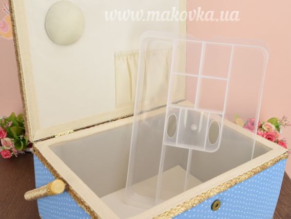 СМ116 шкатулка для рукоделия прямоугольная , Голубая с сердечками, 30,5х23х16 см, ЧМ