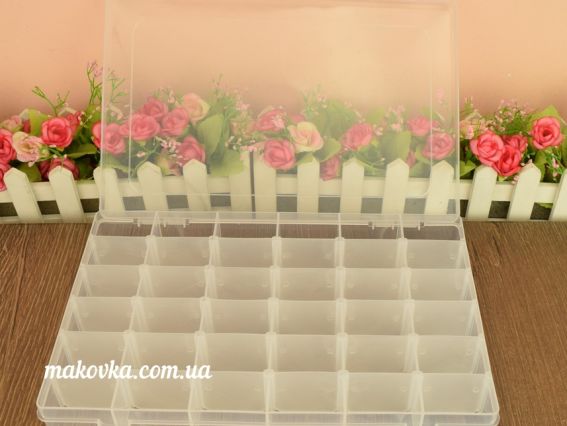 Коробка-органайзер из ПВХ для хранения мелочей, размер 27,5х17,8х4,3 см, на 36 ячеек , с откидной крышкой