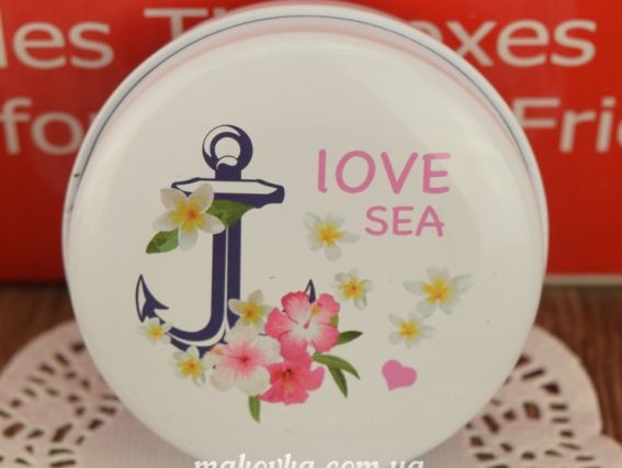 Коробочка жестяная Круглая 60х30мм, Цветочные рисунки на выбор 6 Якорь с цветами