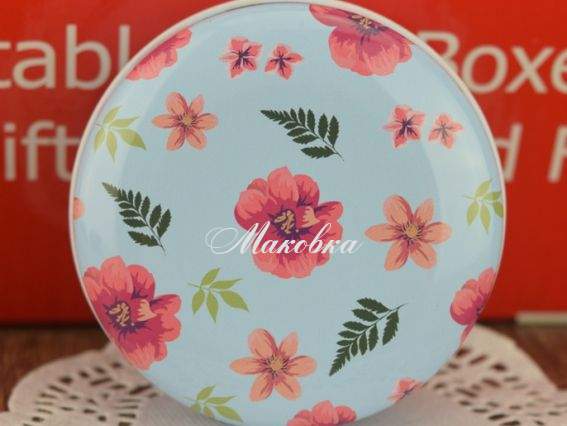 Коробочка жестяная Круглая 60х30мм, Цветочные рисунки на выбор 1, Голубая с цветами