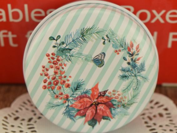 Коробочка жестяная Круглая 60х30мм, Цветочные рисунки на выбор 3 Полосатая с Пуансетией