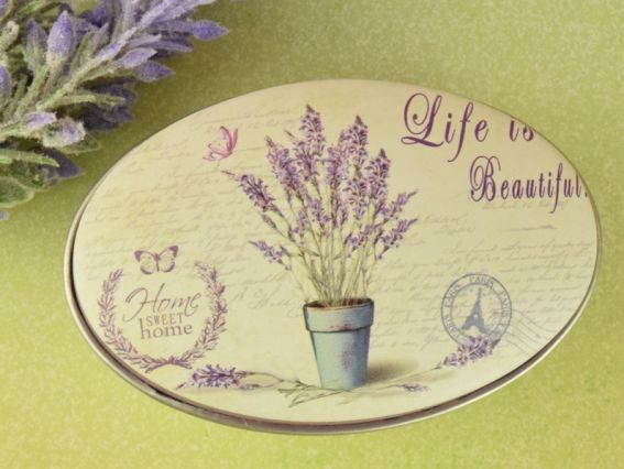 Коробочка жестяная с рисунком Лаванда, Овальная, 7х4,5 см, 1 шт, рисунок на выбор №09