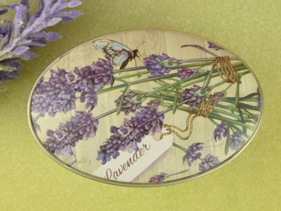 Коробочка жестяная с рисунком Лаванда, Овальная, 7х4,5 см, 1 шт, рисунок на выбор №11