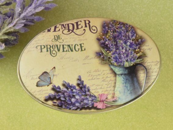 Коробочка жестяная с рисунком Лаванда, Овальная, 7х4,5 см, 1 шт, рисунок на выбор №15