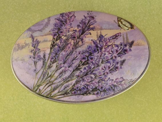 Коробочка жестяная с рисунком Лаванда, Овальная, 7х4,5 см, 1 шт, рисунок на выбор №02