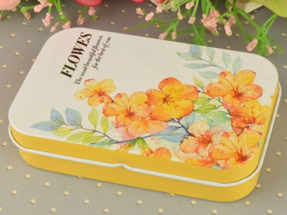 Коробочка жестяная с рисунком Цветы акварельные, прямоугольная, 9,5х6 см, 1 шт, рисунок на выбор №05