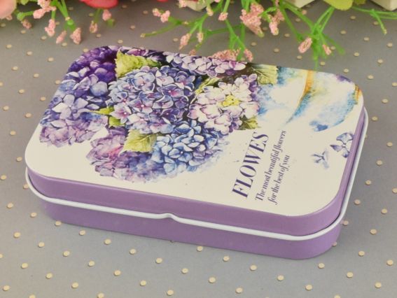 Коробочка жестяная с рисунком Цветы акварельные, прямоугольная, 9,5х6 см, 1 шт, рисунок на выбор №07