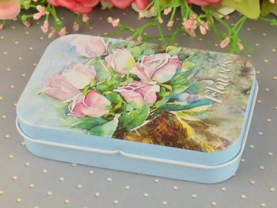 Коробочка жестяная с рисунком Цветы акварельные, прямоугольная, 9,5х6 см, 1 шт, рисунок на выбор №09